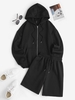 Fleece Lining Zip Up Hoodie and Drawstring Sweat Shorts Set S Black