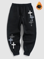 Fleece Thermal Lined Cross Pattern Jogger Sweatpants S Black