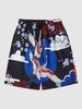 Floral and Crane Print Drawstring Beach Shorts M Black