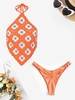 Floral Crochet Halter Tie Open Back Tank Top with Knotted Ruched High Leg Bikini Bottom Orange