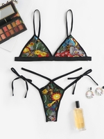 Floral Embroidered Bralette Strappy Lingerie Set L Black
