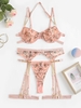 Floral Embroidered Chain Garter Lingerie Set with Leg Rings S Light pink