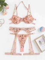 Floral Embroidered Chain Garter Lingerie Set with Leg Rings S Light pink