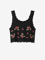 Floral Embroidered Crochet Crop Tank Top Black