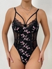 Floral Embroidered Eyelash Lace Mesh Underwire Bodysuit L Black