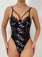 Floral Embroidered Eyelash Lace Mesh Underwire Bodysuit M Black