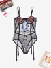 Floral Embroidered Gartered Underwire Mesh Teddy L Deep blue