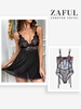 Floral Embroidered Gartered Underwire Mesh Teddy with Sheer Lace Mesh Nightwear Chemise Black
