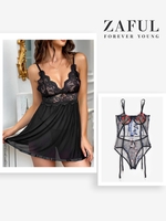 Floral Embroidered Gartered Underwire Mesh Teddy with Sheer Lace Mesh Nightwear Chemise Black