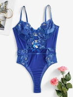 Floral Embroidered High Leg Bowknot Lingerie Teddy S Blue