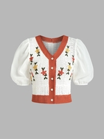 Floral Embroidered Openwork Puff Sleeve Crop Cardigan Coffee
