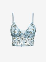 Floral Embroidered Picot Trim Corset Top L Light blue