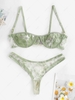 Floral Embroidered Sheer Mesh Underwire Lingerie Set L Green