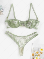 Floral Embroidered Sheer Mesh Underwire Lingerie Set L Green