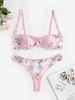 Floral Embroidered Sheer Mesh Underwire Lingerie Set M Light pink
