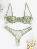 Floral Embroidered Sheer Mesh Underwire Lingerie Set Xs Green