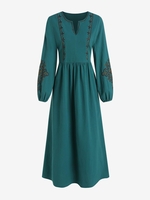 Floral Embroidered V Notched Maxi Dress L Deep green