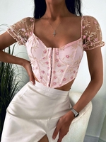 Floral Embroidery Puff Sleeves Corset Top M Light pink
