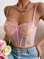 Floral Embroidery See-through Eyelash Lace Corset L Light pink