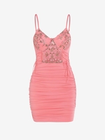 Floral Embroidery Side Ruched Underwire Dress L Light pink