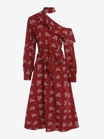 Floral Flounce Cutout Choker Belted Dress L Deep red
