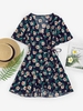 Floral Flutter Sleeve Ruffles Wrap Dress L Deep blue