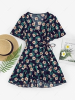 Floral Flutter Sleeve Ruffles Wrap Dress S Deep blue