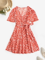 Floral Frilled Belted A Line Mini Dress L Red