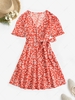 Floral Frilled Belted A Line Mini Dress M Red
