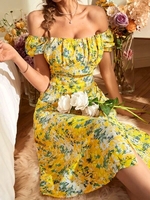 Floral Front Slit Off Shoulder Ruched Midi Dress M Yellow
