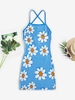 Floral Grid Criss Cross Open Back Bodycon Dress L Blue
