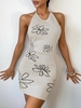 Floral Halter Open Back Knitted Bodycon Dress M Light coffee