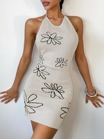 Floral Halter Open Back Knitted Bodycon Dress S Light coffee