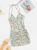 Floral Halter Ruched Bodycon Dress S