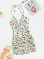 Floral Halter Ruched Bodycon Dress S