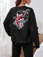 Floral Koi Fish Print Oriental Pullover Sweatshirt M Black