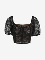 Floral Lace Raglan Sleeve Back Zip Crop Blouse L Black