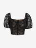 Floral Lace Raglan Sleeve Back Zip Crop Blouse M Black