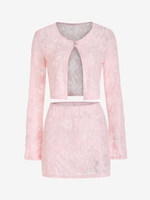 Floral Lace See Thru Mini Bodycon Skirt Set L Light pink