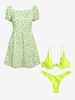 Floral Lace Up Puff Sleeve Dress and Monowire Bikini Set Light green