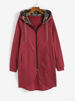Floral Lining Zip Up Longline Thermal Lined Hoodie S Deep red