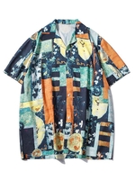 Floral Mixed Print Short Sleeve Button Up Shirt Xl Denim dark blue