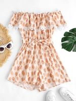 Floral Off Shoulder Applique Flounce Belted Romper L Light orange