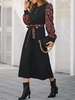 Floral Panel Belted Midi Long Sleeve Dress M Black