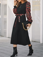 Floral Panel Belted Midi Long Sleeve Dress S Black