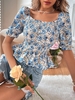 Floral Peplum Puff Sleeve Smocked Milkmaid Blouse Xl Blue