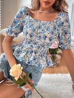 Floral Peplum Puff Sleeve Smocked Milkmaid Blouse Xl Blue