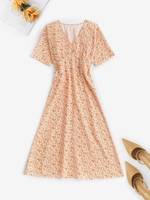 Floral Print Batwing Sleeve Smocked Empire Waist Dress M
