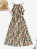 Floral Print Belted Keyhole Pleated Dress L