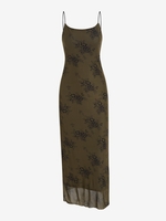 Floral Print Bungee Strap Mesh Overlay Dress L Deep coffee